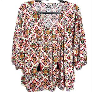 V neck blouse shirt tie tassels Loose fit geometric measurements in description